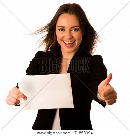 Preety Assian Caucasian Woman Holding A White Card