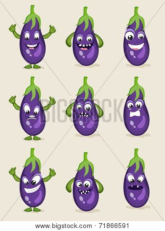 Brinjal in different moods, healthy food concept with cartoon facial expressions. 