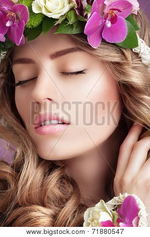 Pleasure. Face Of Daydreaming Woman With Vernal Flowers