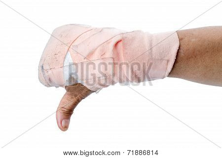Thumb Down Showing By Hand With Bandages Isolated On White