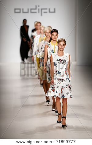 NEW YORK-SEP 8: Model Danielle Knudson leads models on the runway at the OUDIFU fashion show at Mercedes-Benz Fashion Week Spring/Summer 2015 at Lincoln Center on September 8, 2014 in New York City.