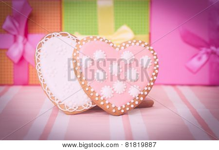 two heart cookies and presents
