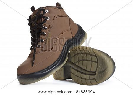 New Brown Working Boots On A White Background.
