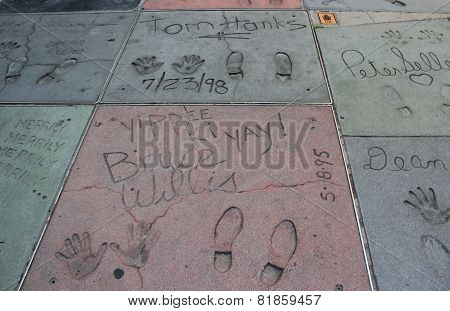 Hand And Foot Prints Of Movie Stars On The Hollywood Walk Of Fame On Hollywood Boulevard.