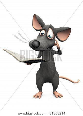 Cartoon Mouse Reading Book And Looking Confused.