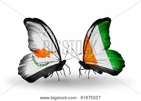Two Butterflies With Flags On Wings As Symbol Of Relations Cyprus And Cote Divoire