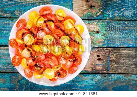 Salad Of Organic Cherry Tomatoes With Olive Oil And Balsamic Sauce