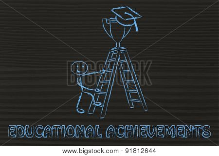 Educational Achievements, Boy About To Catch A Trophy With Graduation Cap
