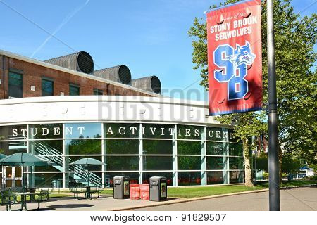 STONY BROOK, NY - MAY 24, 2015: Student Activities Center (SAC) at Stony Brook University with Seawolves banner. The institute is a top ranked academic university on New York's Long Island.