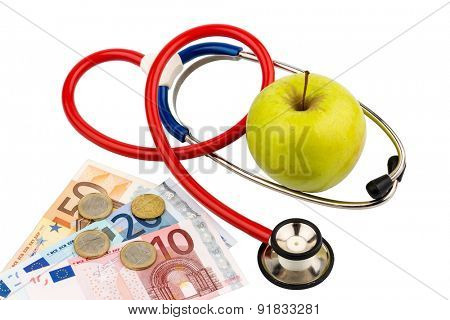 an apple and a stethoscope with a doctor. symbolic photo for healthy, vitamin-rich diet.