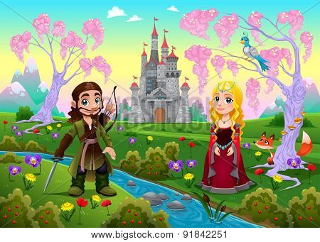 Medieval couple in a landscape with castle. Cartoon vector illustration