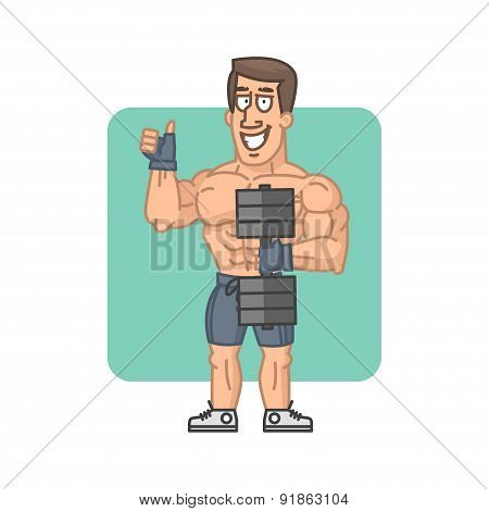 Bodybuilder holding dumbbell and showing thumbs up