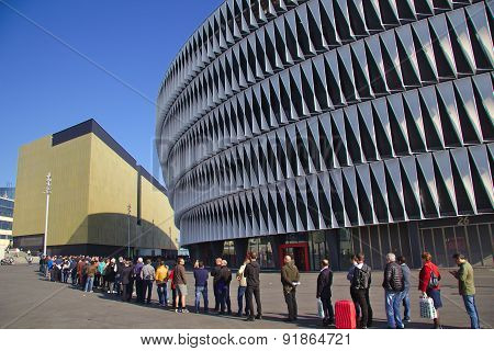 Bilbao, Spain - May 28, 2015: People queueing for a ticket at San Mames football stadium