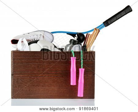 Box of unwanted stuff ready for yard sale isolated on white
