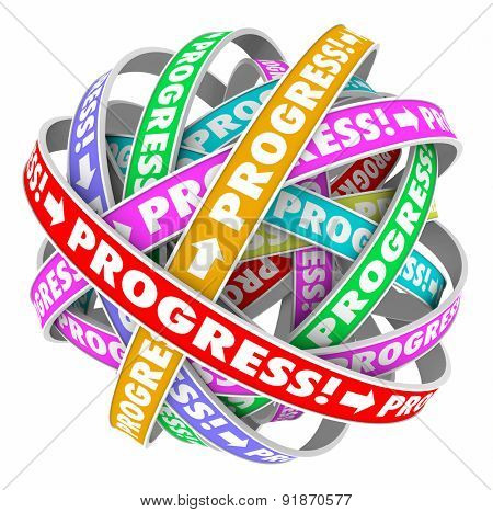 Progress word on a cycle of spirals to illustrate continuous improvement and forward momentum or innovation