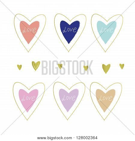 Love Hearts icons set, hand drawn illustration for valentines day, wedding design, greeting cards. Gold and pastel colored