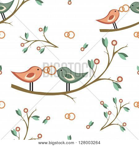cute vector wedding seamless pattern. seamless pattern with pair of birds on a branch, wedding rings. For wedding decoration, invitation, card, fabric, paper or web. seamless pattern in retro style.