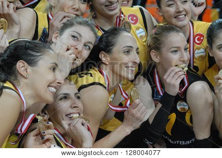 ANKARA TURKEY-APRIL 30, 2016 : Volleyball Women 1st League of Turkey Champion Vakifbank Volleyball Team Players at the Baskent Volleyball Hall during the championship celebration session. April 30, 2016-Ankara/Turkey