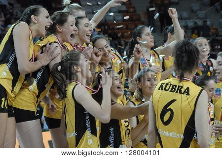 ANKARA TURKEY-APRIL 30, 2016 : Volleyball Women 1st League of Turkey Champion Vakifbank Volleyball Team Players at the Baskent Volleyball Hall during the championship celebration session. April 30, 2016-Ankara/Turkey