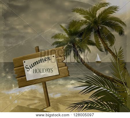 Vector tropical beach with sea sand and palms grange background