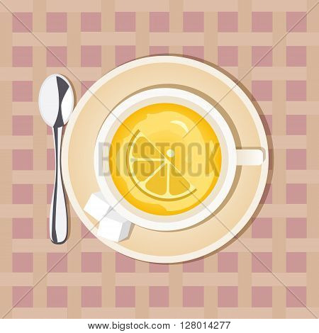 Tea time concept. Good morning hot drink Concept.  Lemon Tea Cup. Lemon hot drink. Dieting sliced fruit. Citrus drink. Healthy green tea. Vintage decoration. Vector illustration