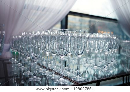 Glasses of champagne and wine. DOF. Tableware