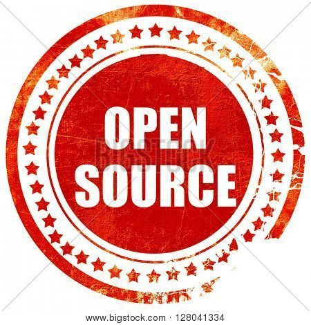open source, grunge red rubber stamp on a solid white background