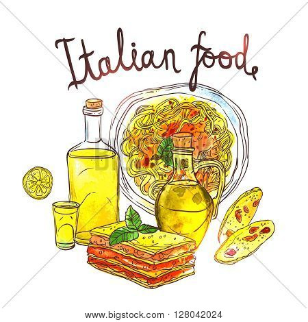 Watercolor Hand Drawn Illustration Of Italian Food With Pasta, Lasagna, Biskotti, Limoncello And Olive Oil