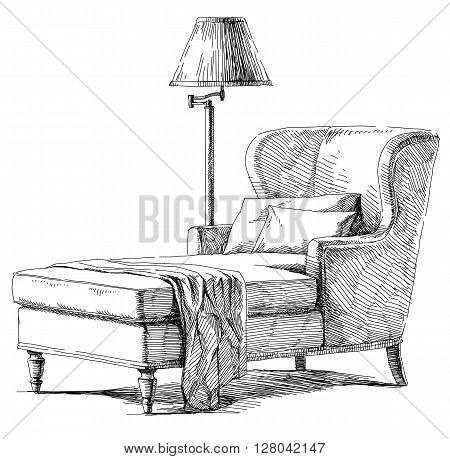 Contemporary modern interior hand drawing vector illustration.