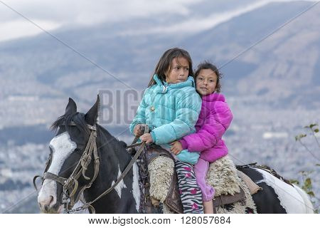 Two Girls Riding A Horse Quito Ecuador