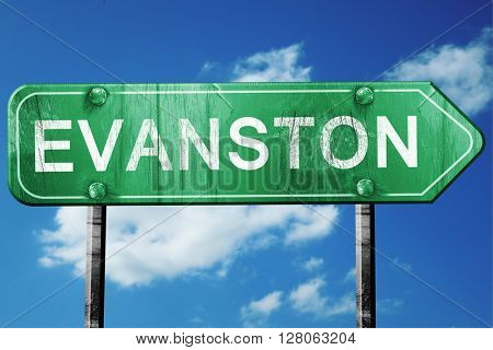 evanston road sign , worn and damaged look
