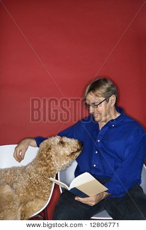 中年の白人男との Goldendoodle 犬の本を読んでします。