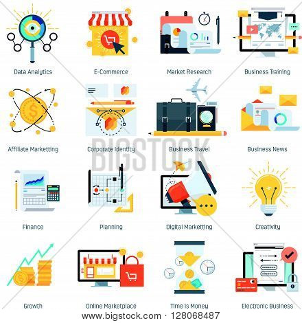 Business And Finance Theme, Flat Style, Colorful, Vector Icon Set