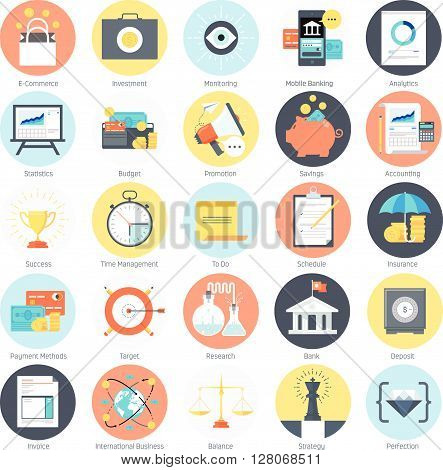 Business And Finance Theme, Flat Style, Colorful, Vector Icon Set