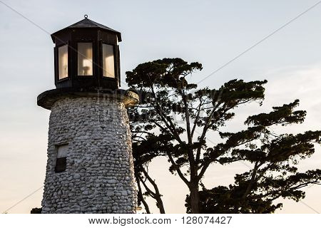 Buckroe Beach lighthouse in Hampton, Virginia at dusk.
