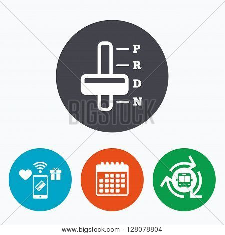 Automatic transmission sign icon. Auto car control symbol. Mobile payments, calendar and wifi icons. Bus shuttle.