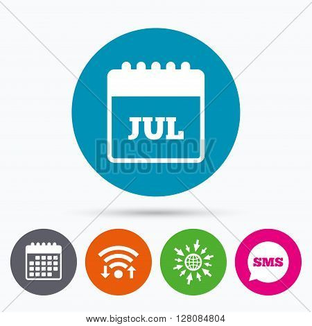 Wifi, Sms and calendar icons. Calendar sign icon. July month symbol. Go to web globe.
