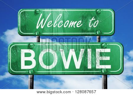 bowie vintage green road sign with blue sky background