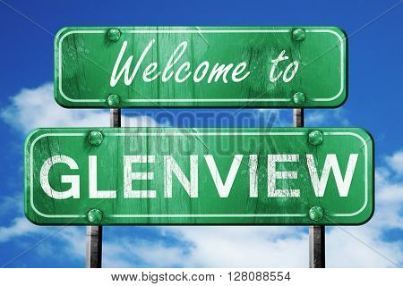 glenview vintage green road sign with blue sky background