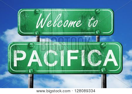 pacifica vintage green road sign with blue sky background