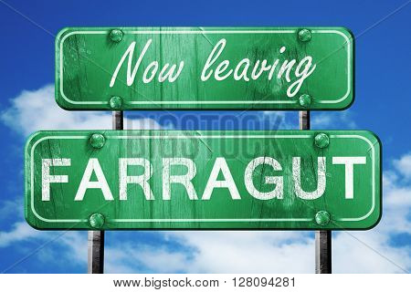 Leaving farragut, green vintage road sign with rough lettering