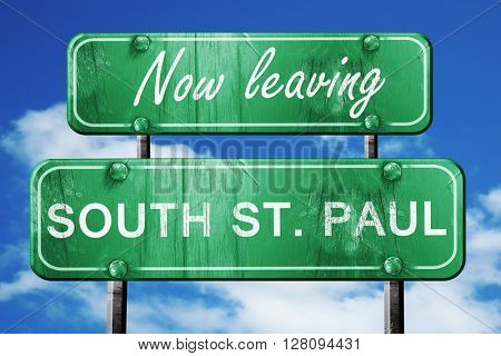 Leaving south st. paul, green vintage road sign with rough lette