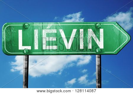 lievin road sign, 3D rendering, vintage green with clouds backgr