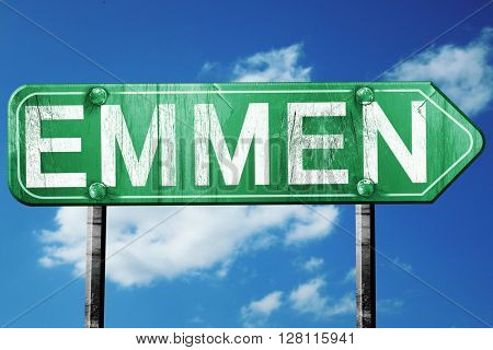 Emmen road sign, 3D rendering, vintage green with clouds backgro
