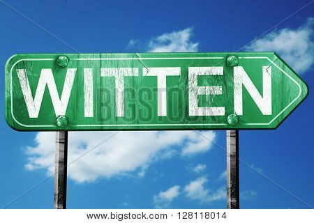 Witten road sign, 3D rendering, vintage green with clouds backgr