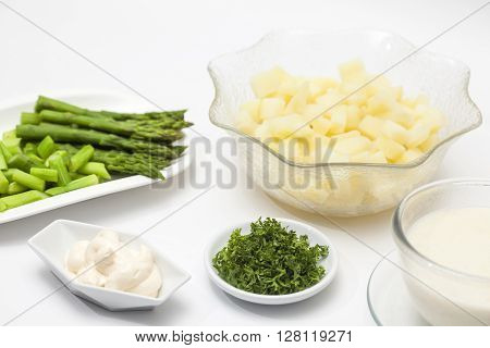 Potato salad preparation Coocked ingredients for potato salad