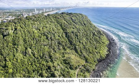 Aerial view of Burleigh Headland National Park, and surrounds. Gold Coast, Australia