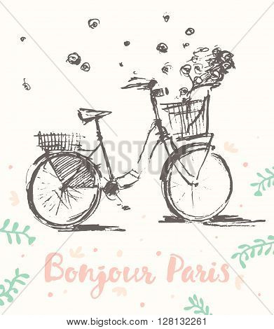 Hand drawn cute vintage bicycle with flying flowers, Bonjour Paris, vector illustration