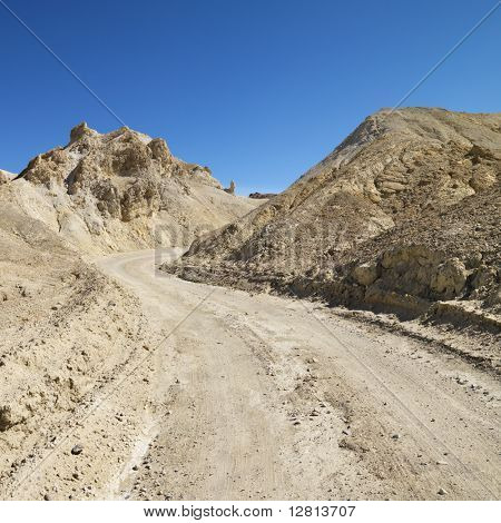 Grusvej gennem golde landskab i Death Valley National Park.