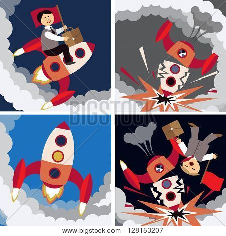 Business failure, the rocket crash (flat illustration)